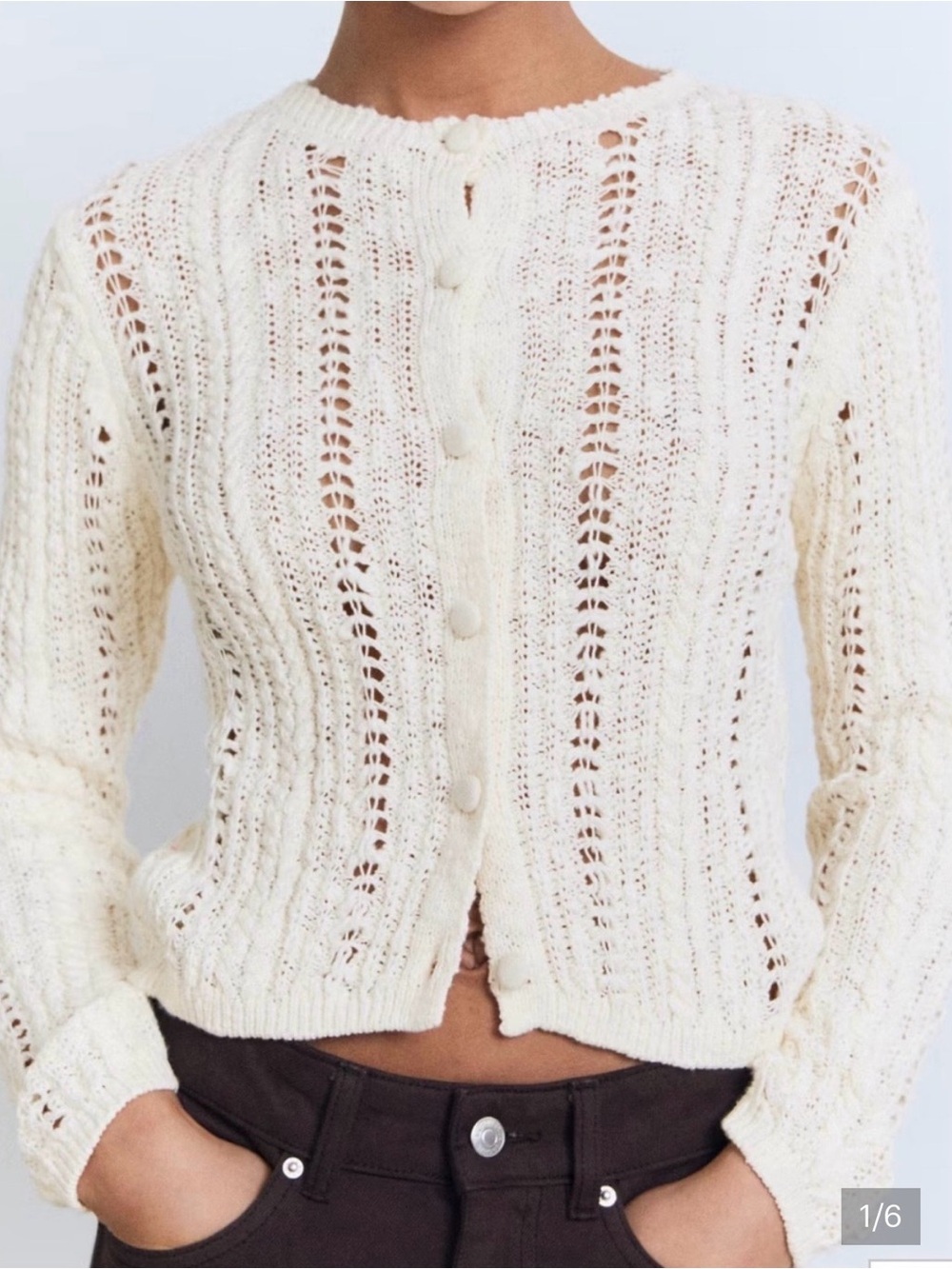 Mango Cream Openwork Button-Front Knit Cardigan